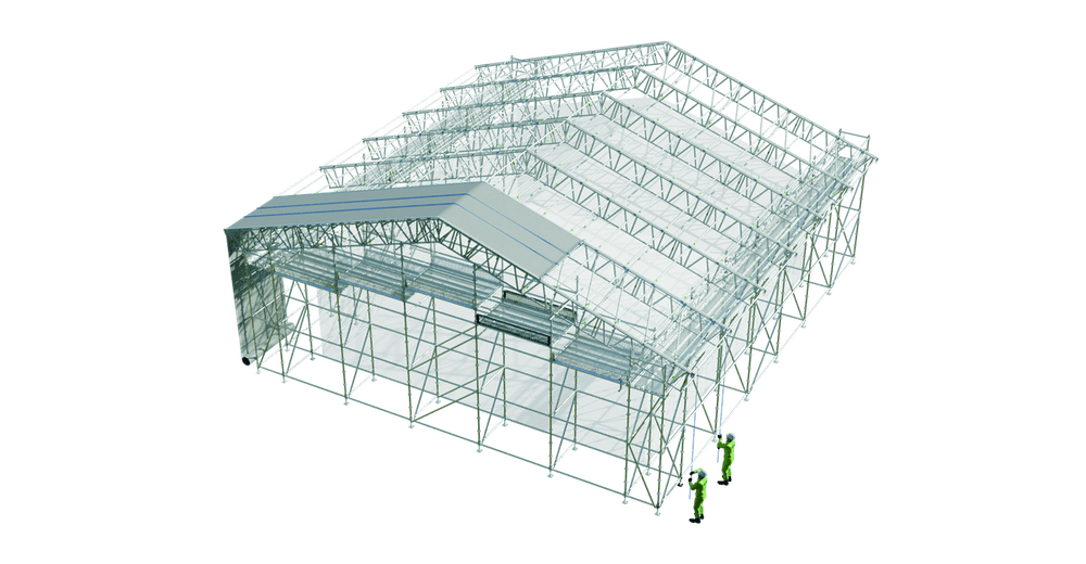 Rendering of a Scafom-rux VECTA temporary roof carried on a scaffold runway